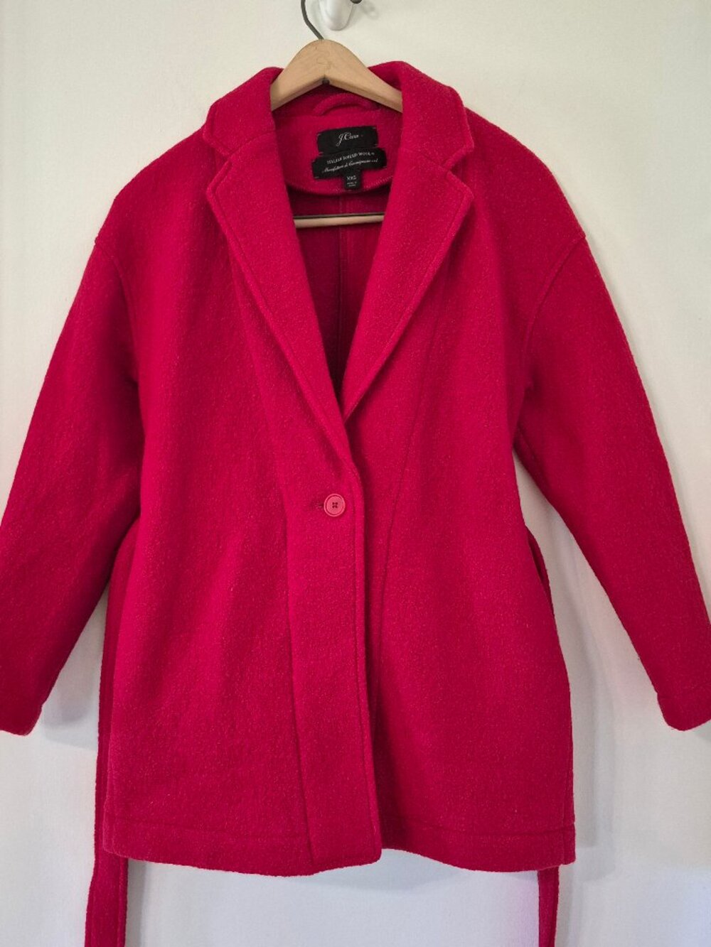J Crew Italian Boiled Wool Coat Women XXS Red Belt Mid Length Old Money Mob Wife